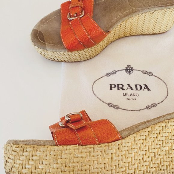 🍊 Orange colored Prada Wicker Open Toed Wedges - Picture 14 of 16